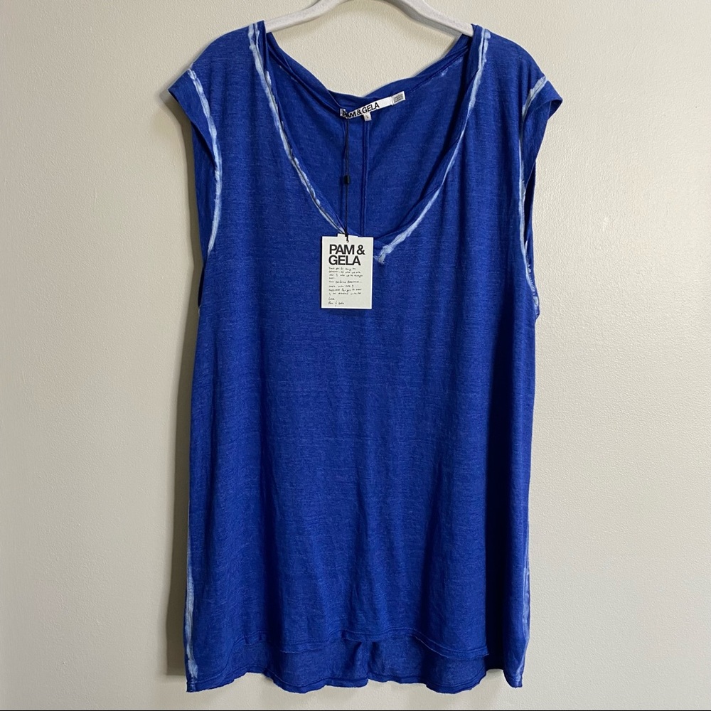 Pam & Gela Blue Bleach V-Neck Muscle Tunic Tank Size Large